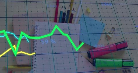 Neon data overlay on desk flatlay with spiral notebook, pens and highlighters
