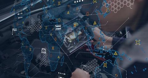 Technician Using Tablet for AR Diagnostics Over Engine with Global Network Data Overlay