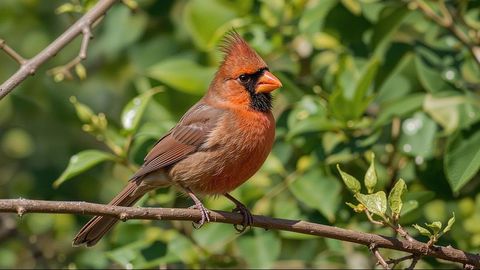 Vibrant Cardinal on Branch with Raised Crest in Lush Garden