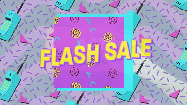 This vibrant graphic design incorporates an iconic 1980s aesthetic with bold, colorful patterns and fonts. Ideal for use in promotional and marketing materials, the design draws attention to special flash sale events, capturing the spirit of nostalgia while connecting with a fashion-forward audience. Perfect for businesses wanting to evoke a fun, lively tone in advertisements and digital content.