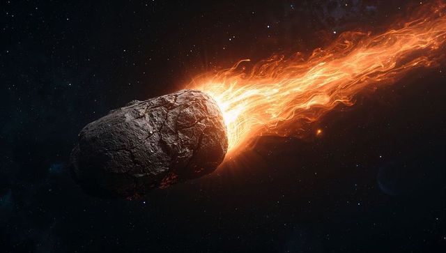 Streaking fiery asteroid with molten trail across deep space starfield