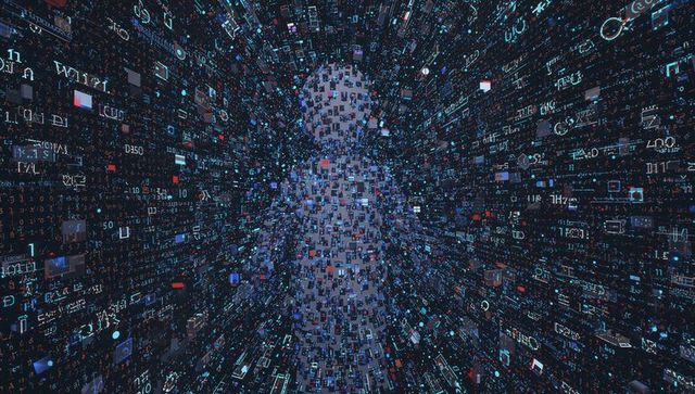 Forming Data-Human Silhouette Radiating Through Neon Cyberspace Tunnel of Code