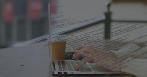 Hands Typing on Laptop with Digital Data Overlay, Concept of Global Business