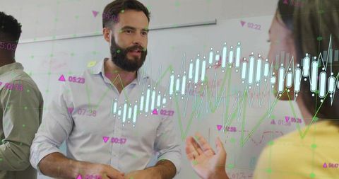 Professional Presenting Financial Graphs with Data Overlays in Office Meeting