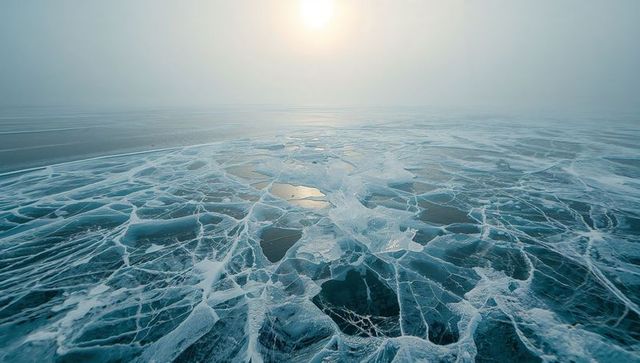 Sunlit cracked ice patterns on frozen lake with misty horizon