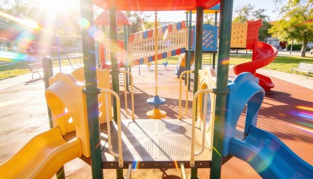 Sunlit colorful children's playground casting long shadows with multilevel slides and canopy