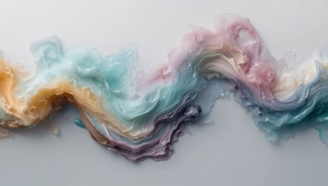 Pastel fluid ribbon glossy viscous swirls flowing across minimal neutral canvas abstract