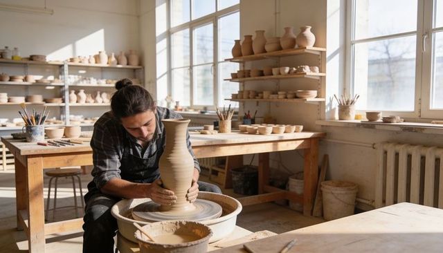 Bearded potter shaping tall vase on wheel in sunlit ceramic workshop studio, artisanal craft