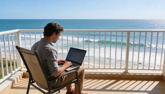 Remote work with ocean view: man working on laptop on sunlit balcony overlooking beach