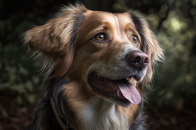 Close up of brown dog sticking tongue out in forest created using generative ai technology. Animals, dog and pet concept digitally generated image.