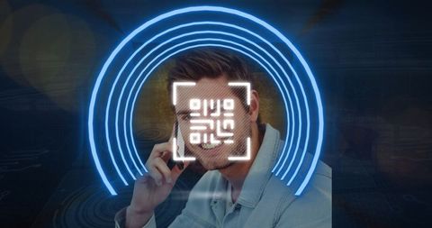 Businessman with QR Code Elements and Futuristic Interface