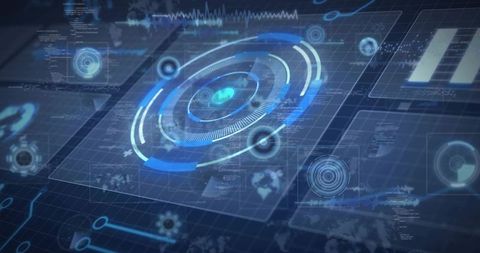 Rotating Holographic HUD with Circular Data Rings, Waveform Graphs and Tech Interface