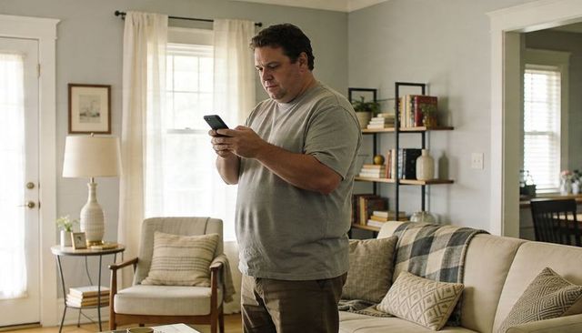 Man standing in cozy living room scrolling smartphone, casual home technology moment