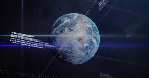 Orbiting Earth glowing with atmospheric halo and digital binary data stream