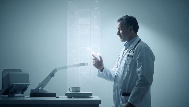 Experienced physician interacting with holographic medical interface at clinic desk