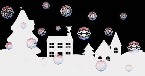 Pastel Snowflakes over Winter Hillside Silhouette