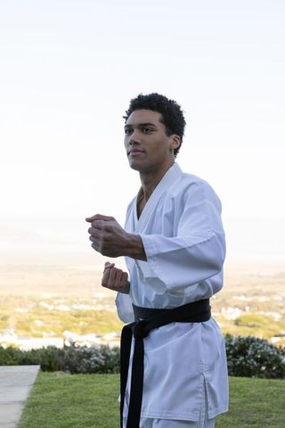 Focused Martial Artist Practicing Karate Outdoors
