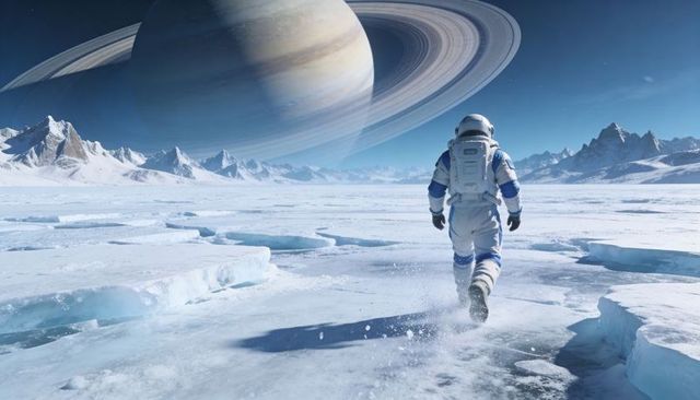 Astronaut walking across frozen alien plain beneath massive ringed planet and snow-capped peaks