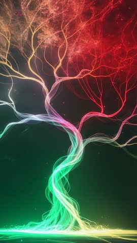 Spiraling Light Tree Shifting Neon Colors in Cosmic Particle Field Vertical Video