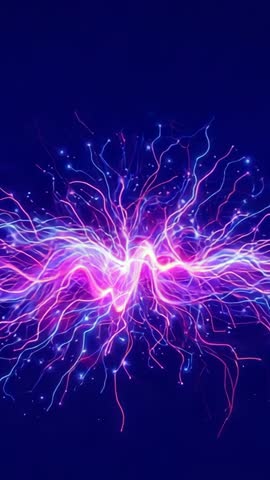 Pulsing neon wave splitting into glowing tendrils in dark void | Vertical abstract loop