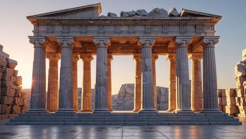 Ancient ruin of classic temple at sunset