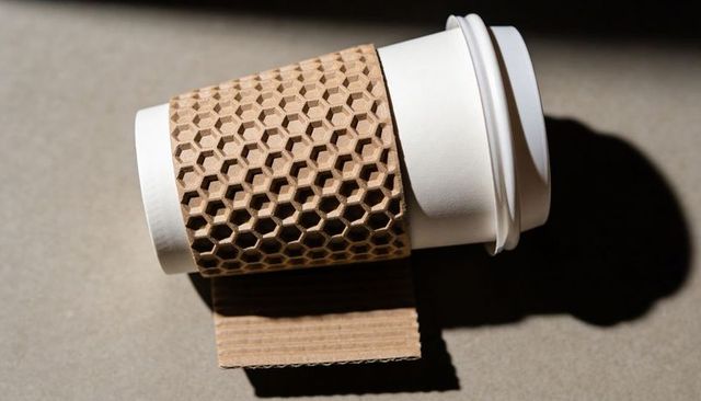 Tilting disposable coffee cup with honeycomb corrugated sleeve casting dramatic shadow