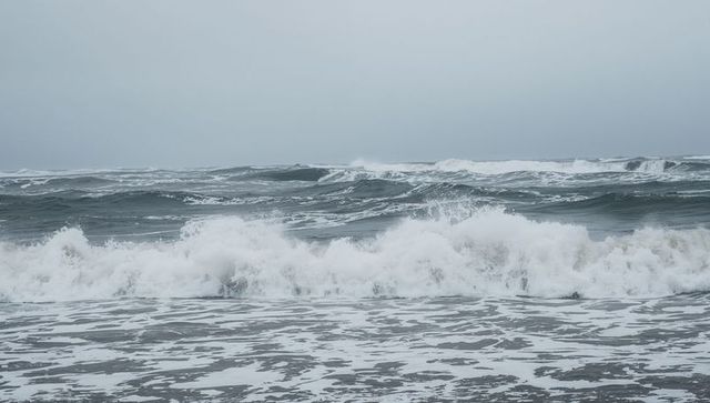 Stormy ocean waves crashing along gray shoreline under overcast sky