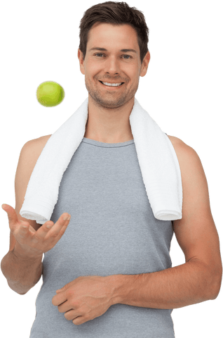 Transparent Fit Man Smiling While Juggling Apple
