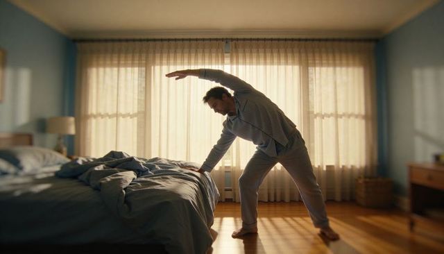 Man stretching in striped pajamas at sunrise in cozy sunlit bedroom for morning routine