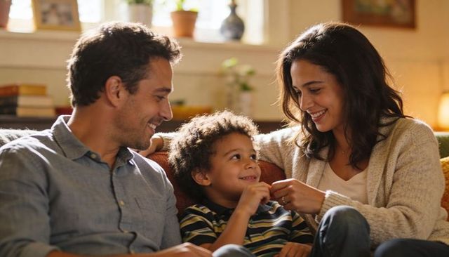 Smiling parents and child sharing cozy bonding moment on sofa at home with natural light