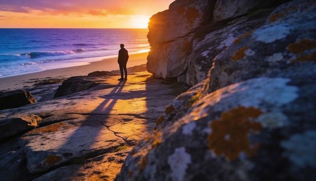 Solitary silhouette watching golden sunset over rocky coastline at dusk