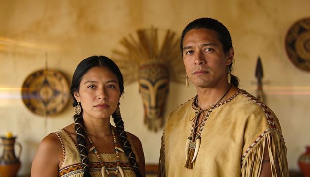 Indigenous couple wearing buckskin beadwork portrait honoring cultural heritage interior