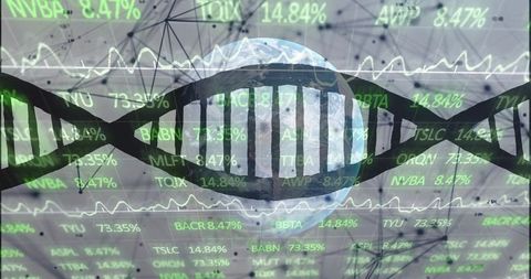 Digital DNA Helix Encircling Globe with Stock Tickers and Data Waveforms