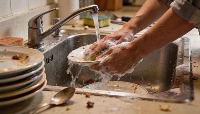 Hands scrubbing soapy plates under running faucet in cluttered kitchen sink with sponge