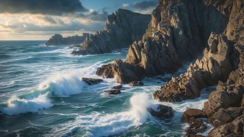Rugged coastline with crashing waves at remote seaside