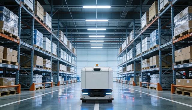 Autonomous warehouse robot navigating wide aisle between high pallet racks