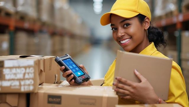Warehouse operator scanning inventory on boxes with barcode scanner