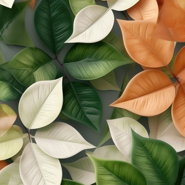 This vibrant pattern features an array of autumn leaves in green, orange, and cream tones arranged in a natural, seamless design. Perfect for use in textiles, wallpapers, and backgrounds for seasonal projects, this botanical pattern conveys the beauty of fall foliage.