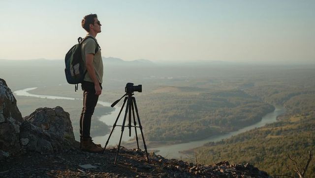 Hiker photographer standing on rocky cliff overlooking winding river valley at golden hour