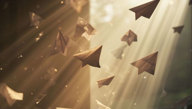 Paper Airplanes Gliding Through Golden Sunbeams in Dusty Attic Vintage Sepia Warm Light
