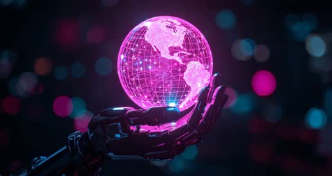 Robotic Hand Presenting Holographic Rotating Globe in Tech Space