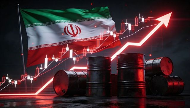 Iranian flag waving over oil barrels with rising market candlestick chart and neon arrow