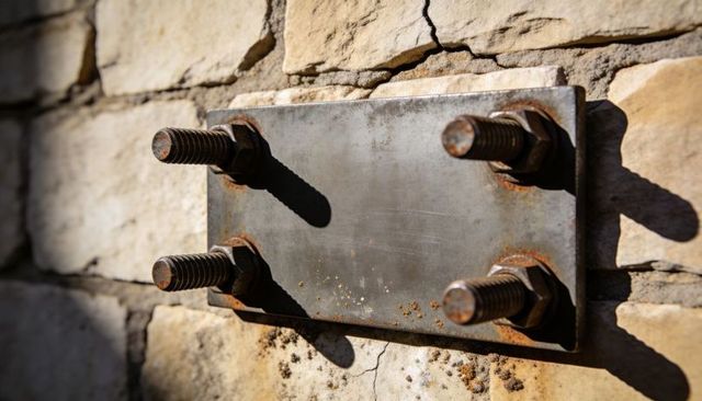 Rusting steel mounting plate with four bolts on stone wall casting sharp shadows