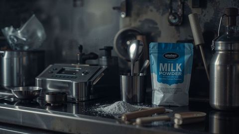 Milk powder on industrial kitchen counter with spillage
