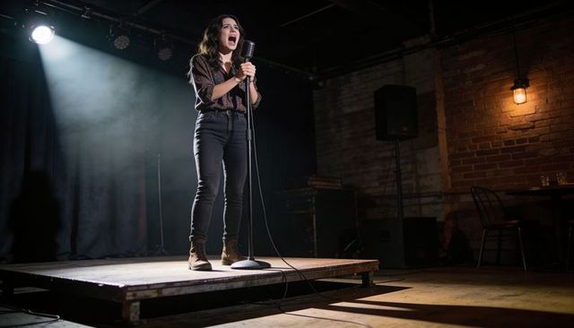Female singer performing on small club stage with vintage microphone and spotlight