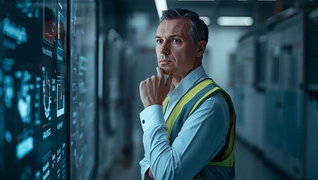 Engineer analyzing industrial control dashboards in plant corridor wearing hi-vis vest