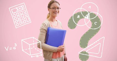 Smiling teacher with educational concept illustrations on pink background