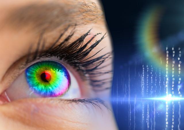 Colorful futuristic eye with digital interface reflecting data - Download Free Stock Photos Pikwizard.com