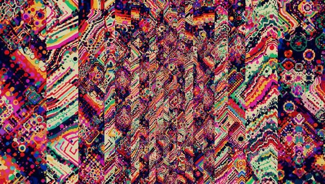 Vibrant abstract artwork with colorful vertical stripes and glitch overlays