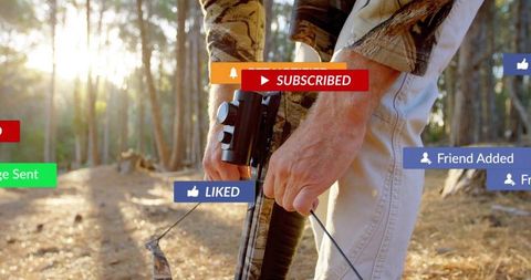 Hunter holding compound bow in sunlit pine woods with social media overlays and copy space